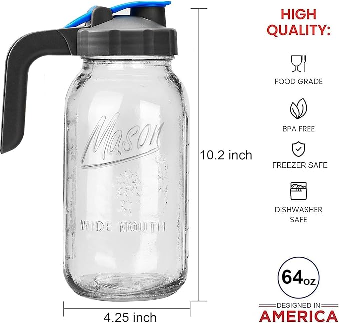 Half Gallon Mason Jar Pitcher Large Wide Mouth 64 oz with Lid - 2 Quart for Iced Tea, Sun Lemonade, Coffee, Airtight, Set of 1