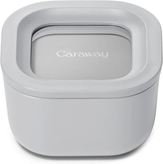 Caraway Mini Square Food Storage Container - 1.75 Cup Glass Storage Container for Food - Non-Toxic Ceramic-Coated Glass - Air Release Technology - Compact & Stackable Design - Gray