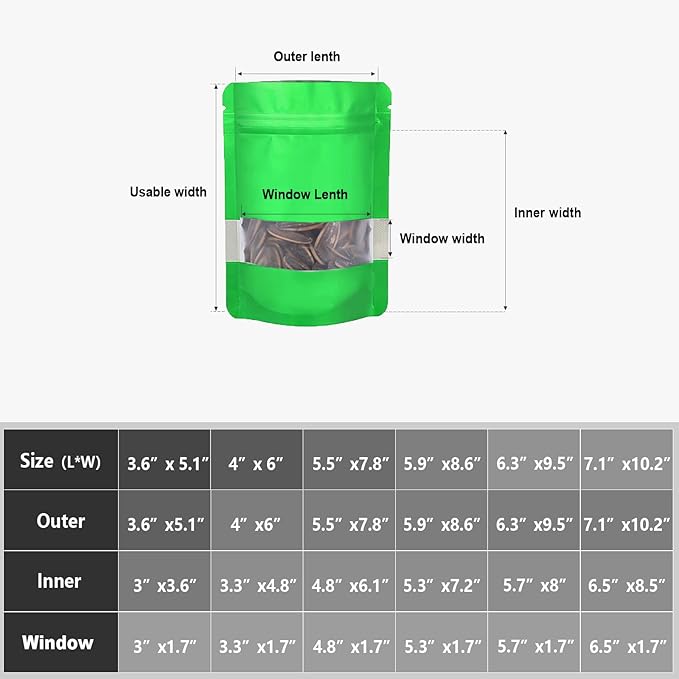 5.9"x8.6" 120pcs Mylar Bags for Food Storage,Smell Proof Bag with Matte Window Resealable Food Storage Bags for Small Business, Stand-up Foil Pouch Packaging Freeze Dried Candy Bag（Green）