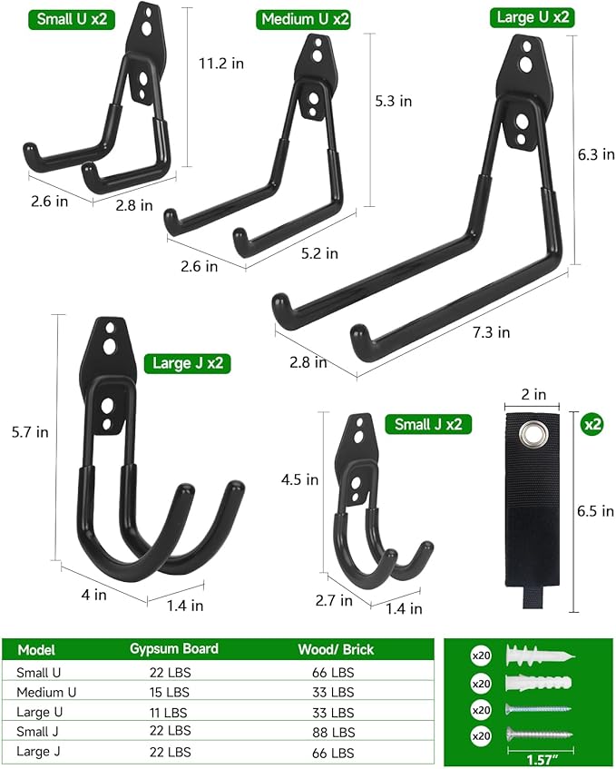 Garden Tool Organizer 48 in with 18 Garage Hooks, Heavy Duty Garage Wall Hooks for Hanging Ladder, Bike, Tool Storage Rack for Yard Tools, Shovel, Shed (23 Pack)