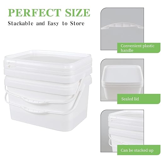 Zopnny 4 Pcs 2.6 Gallon Plastic Bucket with Lid, Food Grade Bucket 10L Utility Industrial Pail with Handle (White)