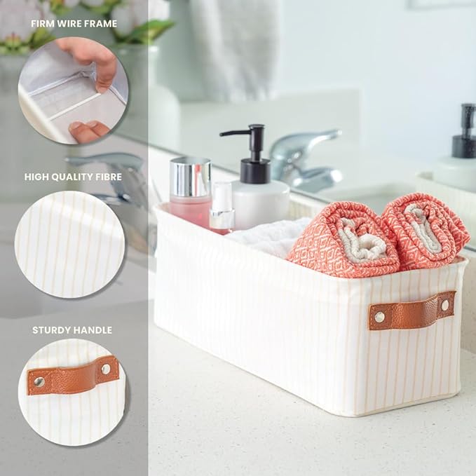 OrganiHaus Narrow Storage Bins 15x06in, Small Closet Bins for Shelves, Bathroom Storage Baskets, Narrow Baskets, Fabric Organizer with Handles, Toilet Paper Organizer - 2 Pack, White w/ Brown Stripes