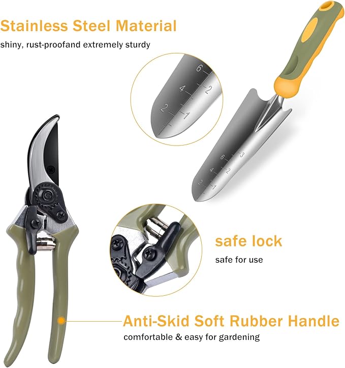 Garden Tool Set, WisaKey 9 Piece Stainless Steel Heavy Duty Gardening Hand Tools with Handle, Durable Garden Tool Bag, Gardening Gifts for Women and Men White Elephant Gifts for Adult