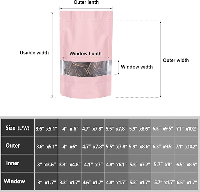 6.3"x9.5" 120pcs Mylar Bags for Food Storage,Smell Proof Bag with Matte Window Resealable Food Storage Bags for Small Business, Stand-up Foil Pouch Packaging Freeze Dried Candy Bag(Pink)