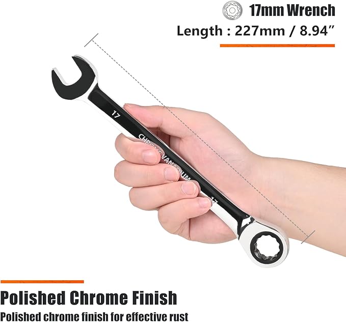 Egofine 17mm Ratcheting Combination Wrench Metric, Industrial Grade Gear Spanner with 12-Point Design, 72-Tooth Ratchet, Chrome Vanadium Steel