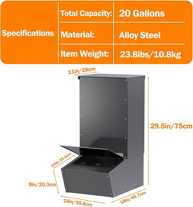Hog Feeder, 2.5 Bushels Capacity, Heavy Duty Galvanized Steel Single Door Pig Feeder, Moisture Proof Piglet Creep Feeder, All Nuts Pre-Installed, Black