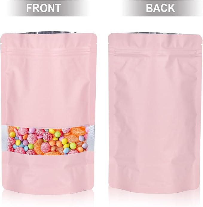 5.5"x7.8" 120pcs Mylar Bags for Food Storage,Smell Proof Bag with Matte Window Resealable Food Storage Bags for Small Business, Stand-up Foil Pouch Packaging Freeze Dried Candy Bag(Pink)