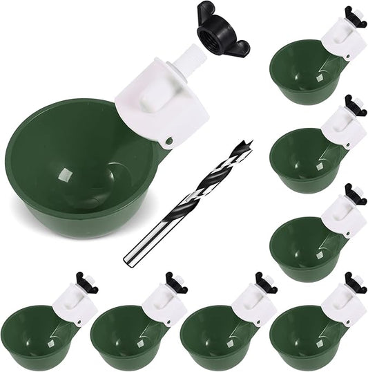 Chicken Waterer Cups (8 Pack/Green) - DIY Automatic Large Chicken Water Feeder for Ducks,Chicks, Turkeys, Quail, Bunny, Bird and Other Various Poultry Dispenser with Matching Drill