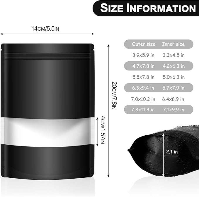 100 Pack Smell Mylar Proof Bags for Food Storage, Resealable Packaging Bags for Small Business, Stand Up Foil Pouches Reusable Heat Sealable Bags with Clear Window (Black, 5.5x7.8 In)