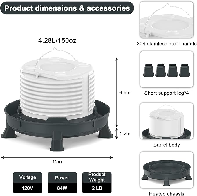 4.28L Heated Chicken Waterer - Winter Freeze-Proof Heated Poultry Waterer, 84W Hanging Chicken Water Heater with 4 Detachable Leg Support, Poultry Water Fountain for Chickens, Ducks & Turkeys