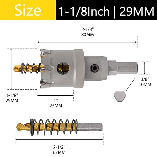 1-1/8" (28mm) TCT Hole Saw Heavy Duty Carbide 2-Pack Tungsten Carbide Tipped Hole Cutters cuts Stainless Steel, mild Steel, Iron, Copper, Brass, Plastic Titanium-Plated Pilot Drill Bits