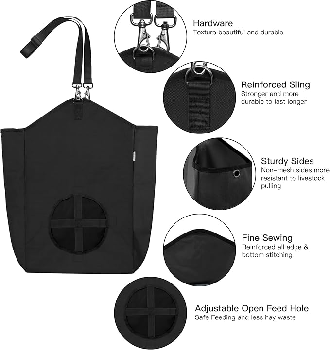 Goat Hay Feeder,Hay Bags for Goats,Horses,Sheep,Premium 600D Oxford Cloth,with Metal Fastener and Adjustable Open Feed Hole for Slow Feeding,Easy to Fill and Hang with Large Opening (Black)