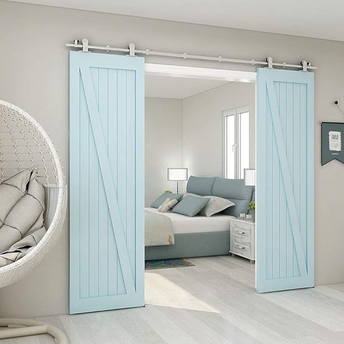 TSMST 6FT Sliding Barn Door Hardware Kit, Top Mount Stainless Steel Heavy Duty Sturdy Barn Door Track for Double Wood Door, Slide Smoothly Quietly (T Style)