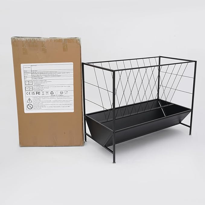 Pasture Hay Feeder - 50 Gallons, 2-in-1 Heavy Duty Hay Grain Livestock Feeder with 30 Gallon Feed Pan, Black Hay Grain Feeding Goats, Calves, Cow, Horse