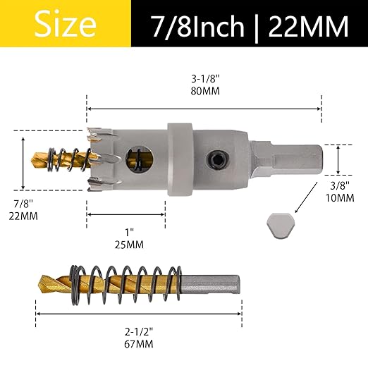 7/8" (22mm) Hole Saw Heavy Duty Carbide 2-Pack Tungsten Carbide Tipped Hole Cutters cuts Stainless Steel, mild Steel, Iron, Copper, Brass, Plastic Titanium-Plated Pilot Drill Bits