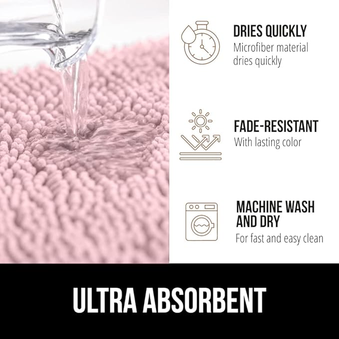 GORILLA GRIP Bath Rug Mat 30x20, Soft Absorbent Chenille, Quick Dry Microfiber Mats, Rubber Backing Washable Shower Floor Rugs, Bathmat Runner, US Designed Bathroom Home Decor Accessories Light Pink