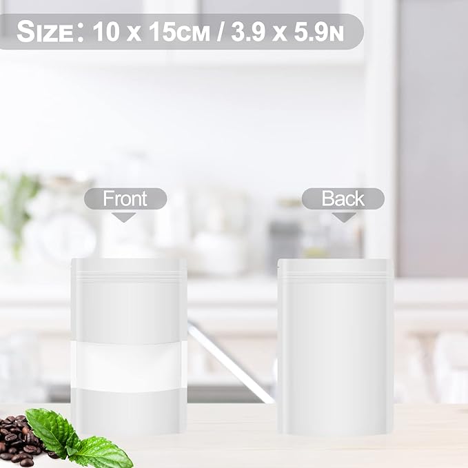 100 Pack Smell Mylar Proof Bags for Food Storage, Resealable Packaging Bags for Small Business, Stand Up Foil Pouches Reusable Heat Sealable Bags with Clear Window (White, 3.9x5.9 In)