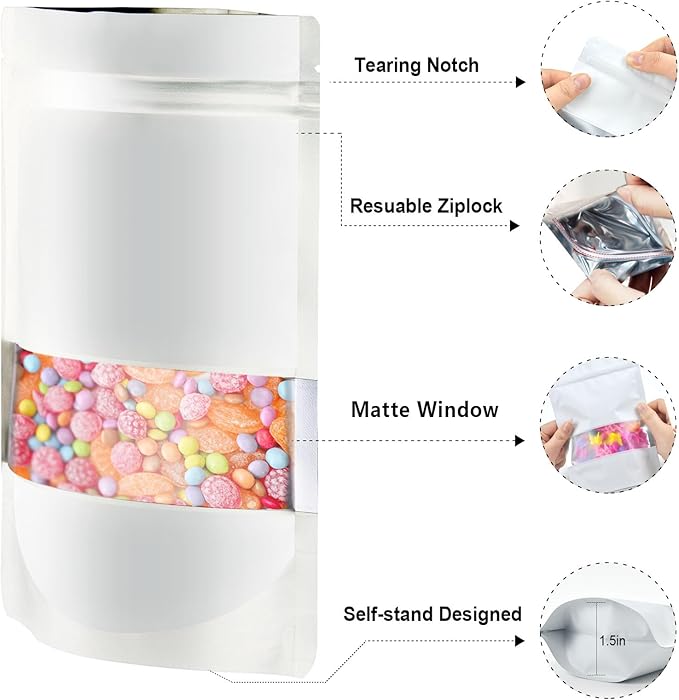 4"x6" 120pcs Mylar Bags for Food Storage,Smell Proof Bag with Matte Window Resealable Food Storage Bags for Small Business, Stand-up Foil Pouch Packaging Freeze Dried Candy Bag（White）