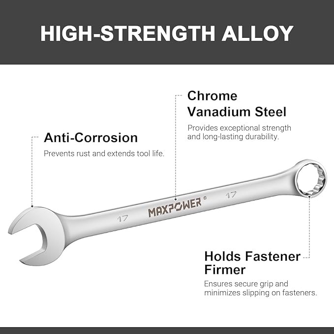 MAXPOWER 17mm Combination Wrench, Industrial Grade Spanners with Chrome Vanadium Steel, Sand Blasted Finish, Forged Heat-Treated - SAE
