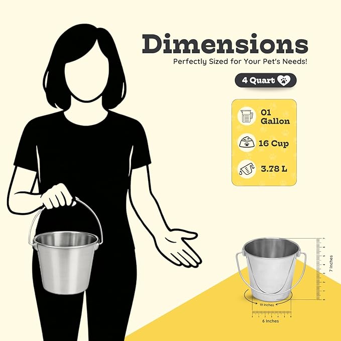 4 quart Heavy Duty Stainless Steel Round Bucket with Handle | 1 gal Durable Food & Water Bowl for Birds Dogs Cats Goat & Livestock | Fits kennel Crate Cage Farm | Hanging Utility Pet Pail