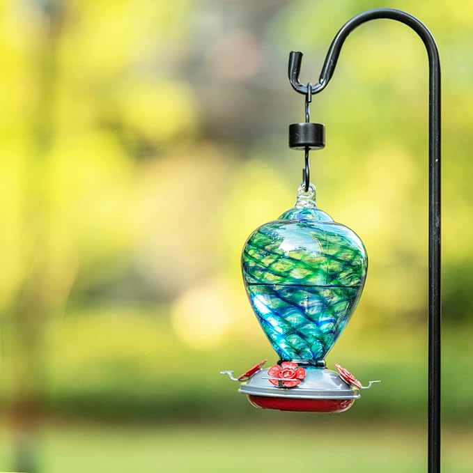 Hummingbird Feeders, 34OZ Hand Blown Glass Hummingbird Feeder for Outdoors Hanging with Ant MoatHooks, Perfect for Gardening Yard Patio Decor Gifts (Blue Mermaid)