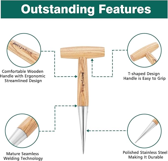 Berry&Bird Hand Dibber, Stainless Steel Sow Dibbler with Wood Handle, Garden Hole Punch Dibbler Tool for Planting Seeds & Bulbs, Hand Held Bulb Planter for Planting Flowers Tulips, Daffodils, Dahlias