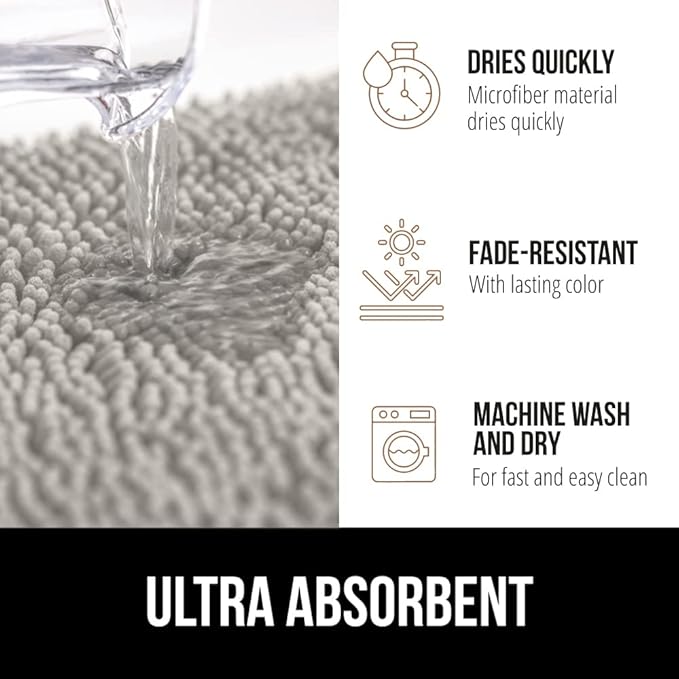 GORILLA GRIP Bath Rug Mat 30x20, Soft Absorbent Chenille, Quick Dry Microfiber Mats, Rubber Backing Washable Shower Floor Rugs, Bathmat Runner, US Designed Bathroom Home Decor Accessories Light Gray