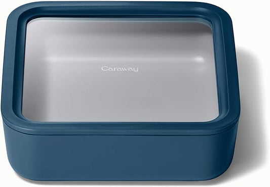 Caraway Glass Food Storage - 10 Cup Glass Container - Ceramic Coated Food Container - Non Stick Lunch Box with Lids - Dishwasher, Oven, & Microwave Safe - Square Shape - Navy