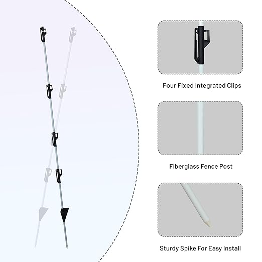 50 Pack Fixed Insulator Fiberglass Posts, 48 Inch Fiberglass Electric Fence Posts, Easy Step-in Posts for Livestock Fencing, Garden Fencing and Boundary Marking