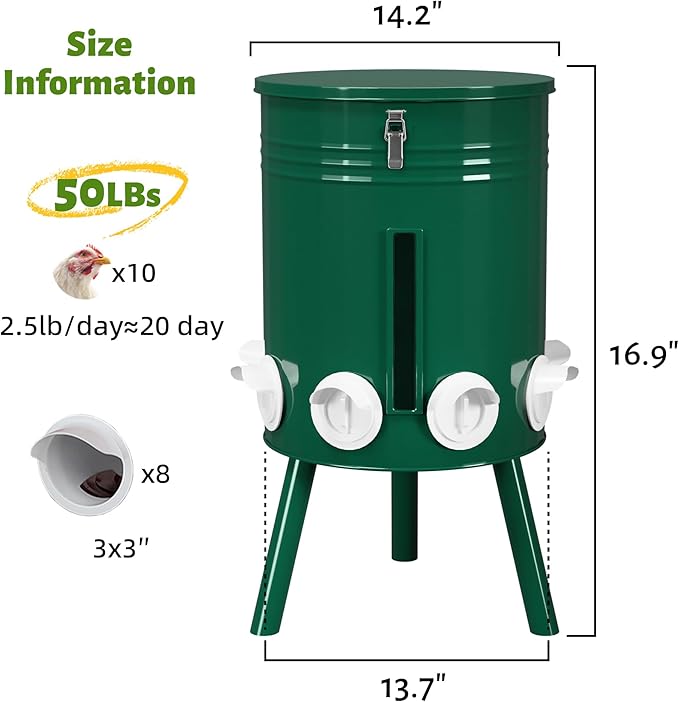 KOL 50 LB Large Free Standing Chicken Feeder, Portable Gravity Chicken Feeder Automatic, Dispenser, 8 Feeding Ports Poultry Feeder for Chicken Rooster & Hen (Green)
