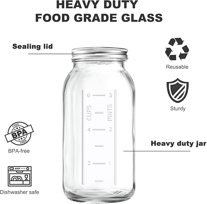64 OZ Wide Mouth Mason Jars with Lids, Clear Heavy Duty Glass Airtight Storage Canning Jar and Band Half Gallon / 2 Quart Fermenting, Pickling, Storing, Pack of 3