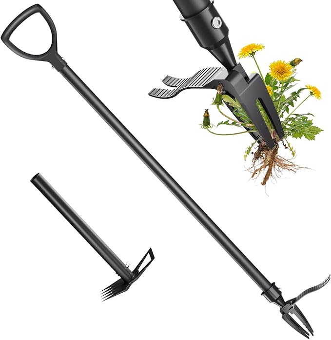 Stand Up Weed Puller Tool, 2-in-1 Weed Puller with 4 Claw Head & Rake, Effortless Root Puller for Dandelion & Weeds, No Bending or Kneeling, Ergonomic Garden Tool for Lawn & Yard Care