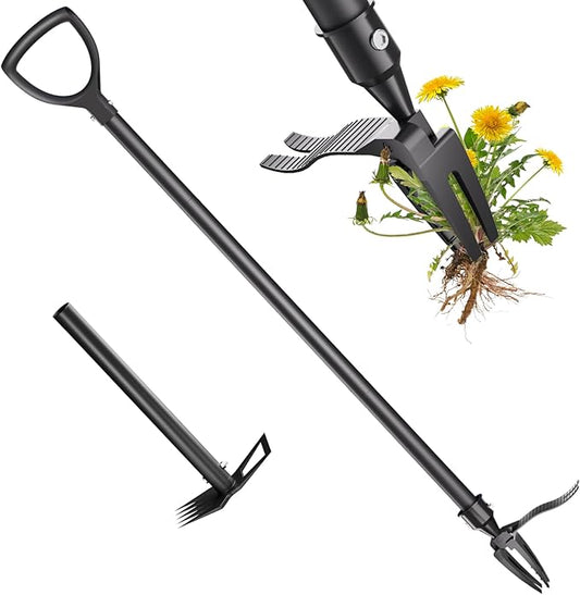 Stand Up Weed Puller Tool, 2-in-1 Weed Puller with 4 Claw Head & Rake, Effortless Root Puller for Dandelion & Weeds, No Bending or Kneeling, Ergonomic Garden Tool for Lawn & Yard Care