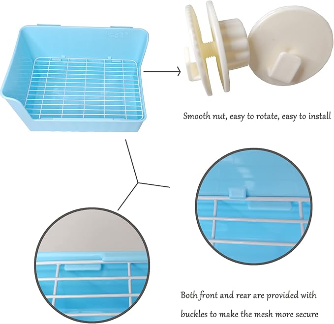 Hamiledyi Rabbit Litter Box Toilet, Pets Plastic Square Rabbit Cage Potty Trainer Corner with Small Animal Cage Clean Broom Molar Sweet Bamboo for Bunny Chinchillas Guinea Pigs (Blue)
