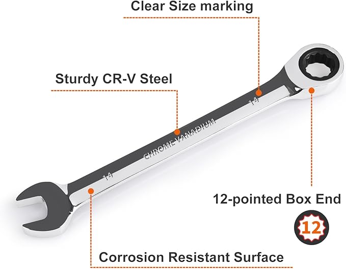 Egofine 14mm Ratcheting Combination Wrench Metric, Industrial Grade Gear Spanner with 12-Point Design, 72-Tooth Ratchet, Chrome Vanadium Steel