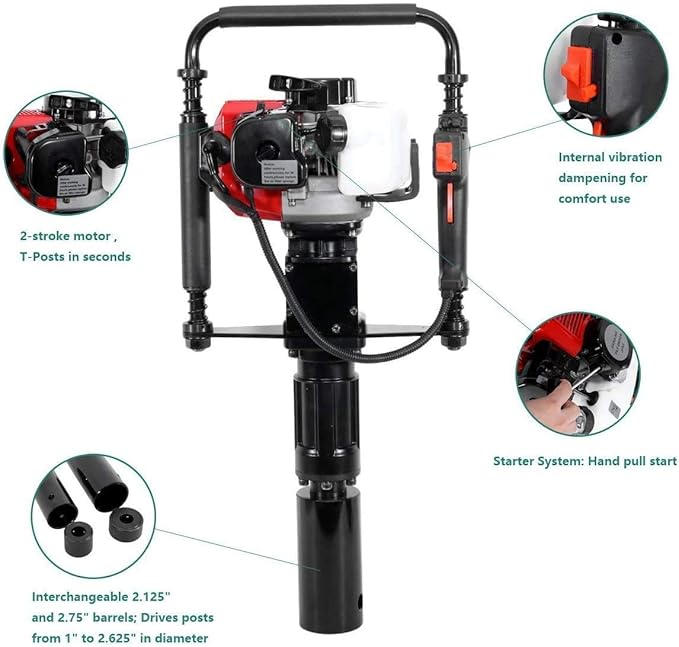 GAS T Post Driver Lightweight Handheld 2 Stroke Gasoline Pile Piling Tool Portable Petrol Powered Pile Pounder for Farm Fencing