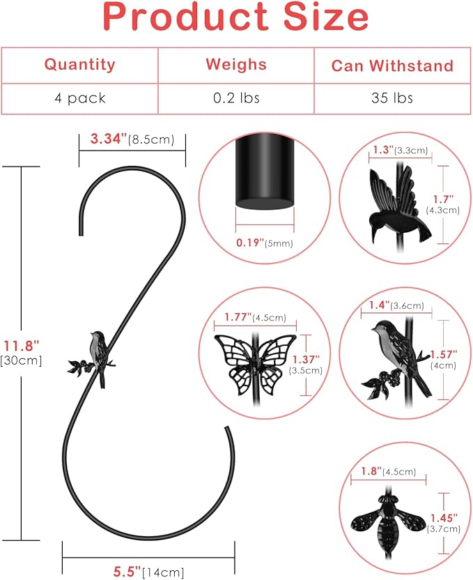 PACETAP Bird Feeders Hanger 12-Inch, 4PCS Metal Hummingbird Feeder Hooks, Heavy Duty Plant Hangers Outdoor for Hanging Plants, Wind Chimes, Christmas Ornaments and More (Black)