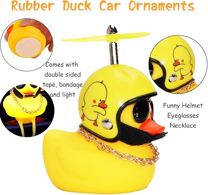 wonuu Rubber Duck Toy Car Ornaments Yellow Duck Car Dashboard Decorations Squeeze Duck Bicycle Horns with Propeller Helmet