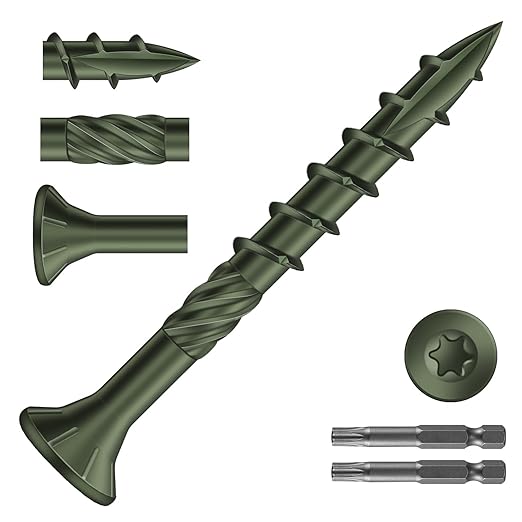 #8 x 1-1/2" Deck Screws (966Pcs) 6lb. Carbon Steel, Green, Flat Head, Rust Resistant epoxy Coated, with T25 Star Bit
