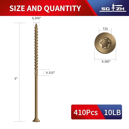 #10 x 5 Inch Deck Screws (410Pcs) 10lb. Carbon Steel, Yellow, Flat Head, Rust Resistant epoxy Coated, with T25 Star Bit