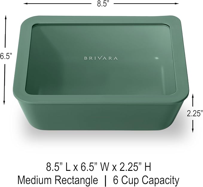 Ceramic Coated Glass Food Storage Container | No PTFE, PFOA, PFAS, and BPA | Reusable Non Toxic Meal Prep Container with Glass Lid | Easy To Store | 6 Cup Rectangle [Pine]
