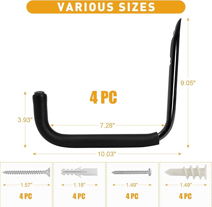 KURUI 10" Garage Organization Wall Hooks, 66 LB Heavy Duty Water Hose Holder for Hanging Ladder Extension Cord Garden Tool Cable, 4 Pcs, Black