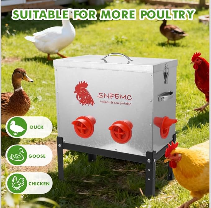 Automatic Chicken Feeder - 40lb 6 Ports Large Capacity Metal Chicken Feeder with Locking Lid and Legs, No Waste Poultry Feeder for Chickens, Ducks, Geese, Turkeys, Quails