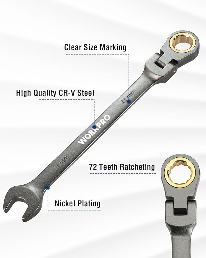 WORKPRO 11 mm Flex-Head Ratcheting Combination Wrench, Cr-V Constructed, Nickel Plating, 72-Teeth, 12 Point Design, Metric