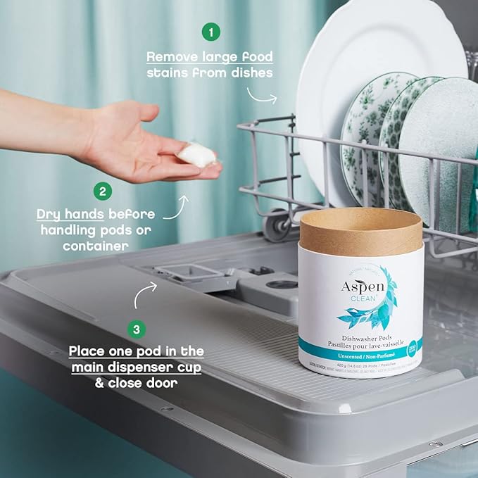 Unscented Dishwasher Pods by AspenClean, Dye-Free, Zero Plastic, EWG Verified™, Vegan, Eco-Friendly, Natural Dishwasher Detergent - 28 Count