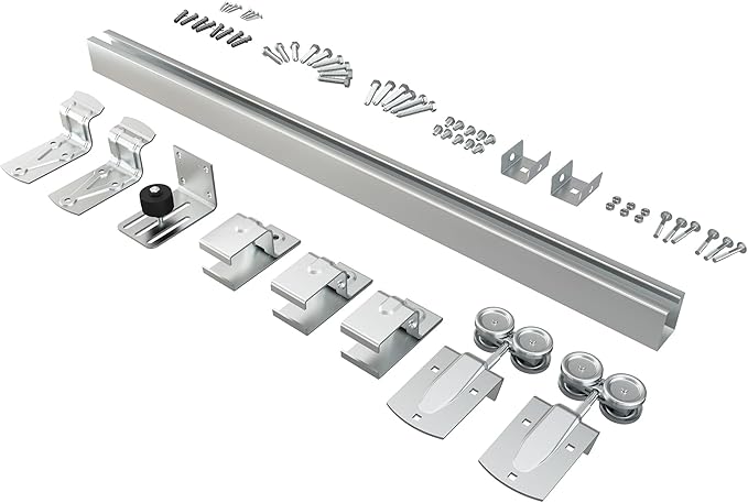 JUBEST 4FT Box Rail Exterior Barn Door Hardware Kit, Heavy-Duty Silver Sliding Barn Door Track System, Wall Mount Door Hardware Kits (Door Not Included)