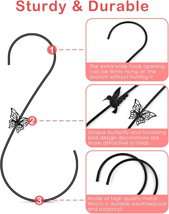 PACETAP Bird Feeders Hanger 12-Inch, 2PCS Metal Hummingbird Feeder Hook, Heavy Duty Plant Hangers Outdoor for Hanging Plants, Wind Chimes, Christmas Ornaments and More (Black)