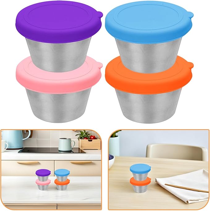 ABOOFAN 8pcs Salad Dressing Containers with Silicone Lids Leakproof Small Sauce Containers Reusable Stainless Steel Sauce Cups for Lunch Box Picnic And Travel