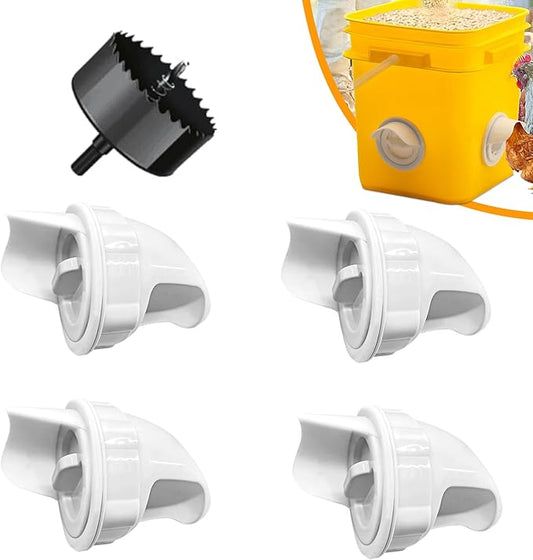 Chicken Feeder Port No Waste, Automatic Chicken Feeder Cups for Rain Proof Poultry Feeder Gravity Feed, DIY Fit for Buckets, Barrels, Bins (4 Ports,1 Hole Saw)