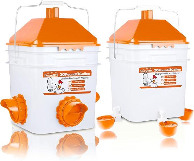 20 Pounds Chicken Feeder and 3 Gallon Chicken Waterer,High-Capacity Hanging Chicken Feeder and Waterer Set for up to 20 Chicks/15 Adult Chickens(Orange)